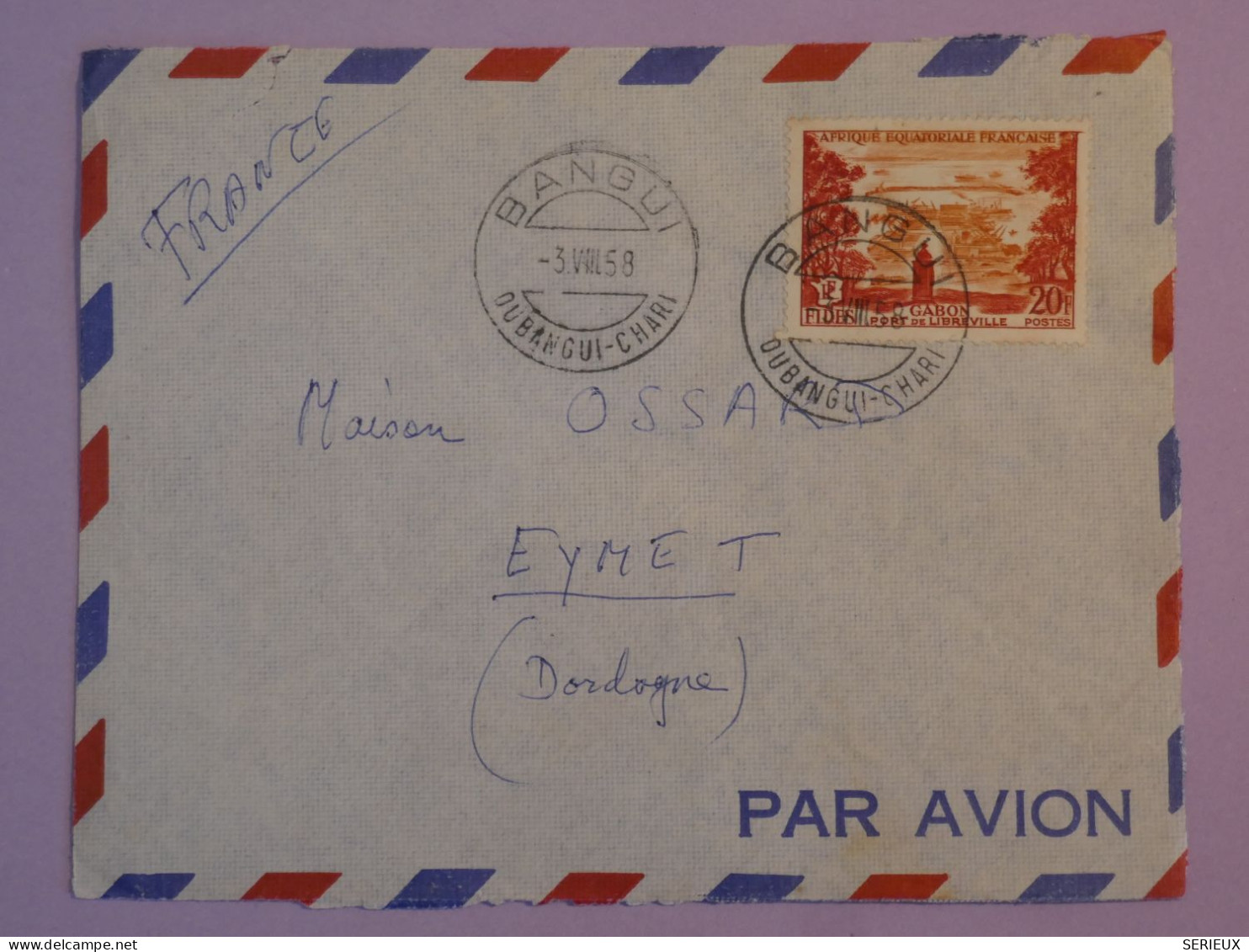 AU23  AEF GABON  BELLE LETTRE OUBANGUI  1958 PETIT BUREAU  BANGUI  A  EYMET   FRANCE   ++AFF. PLAISANT + - Cartas & Documentos