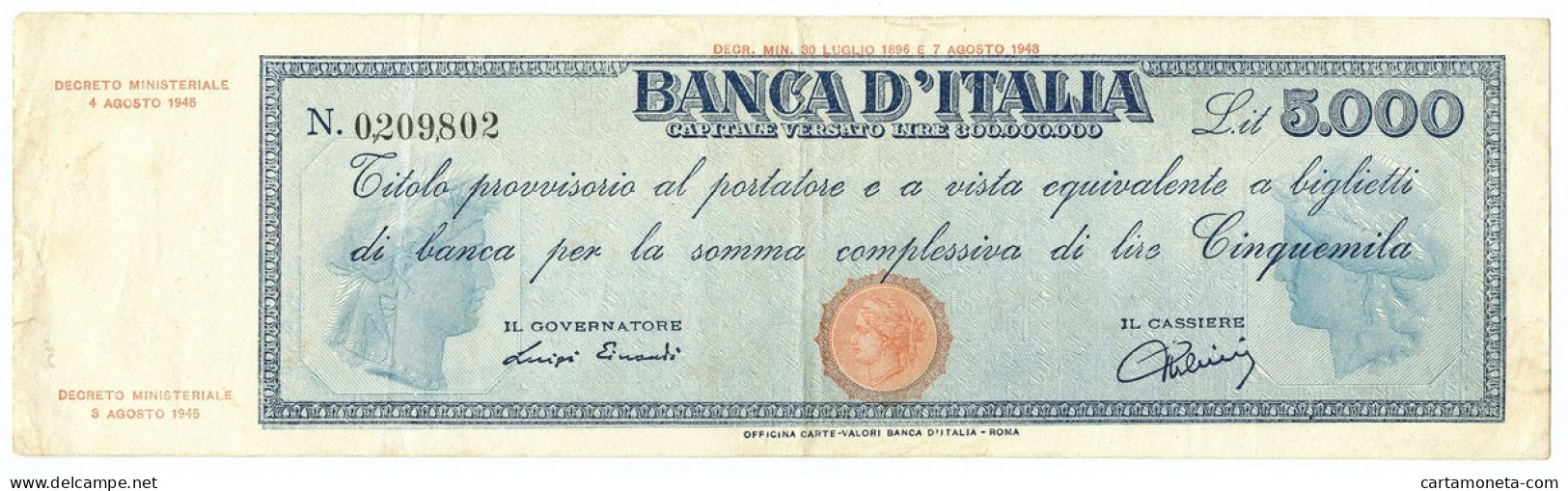 5000 LIRE TITOLO PROVVISORIO TESTINA LUOGOTENENZA UMBERTO 04/08/1945 BB - Regno D'Italia – Autres