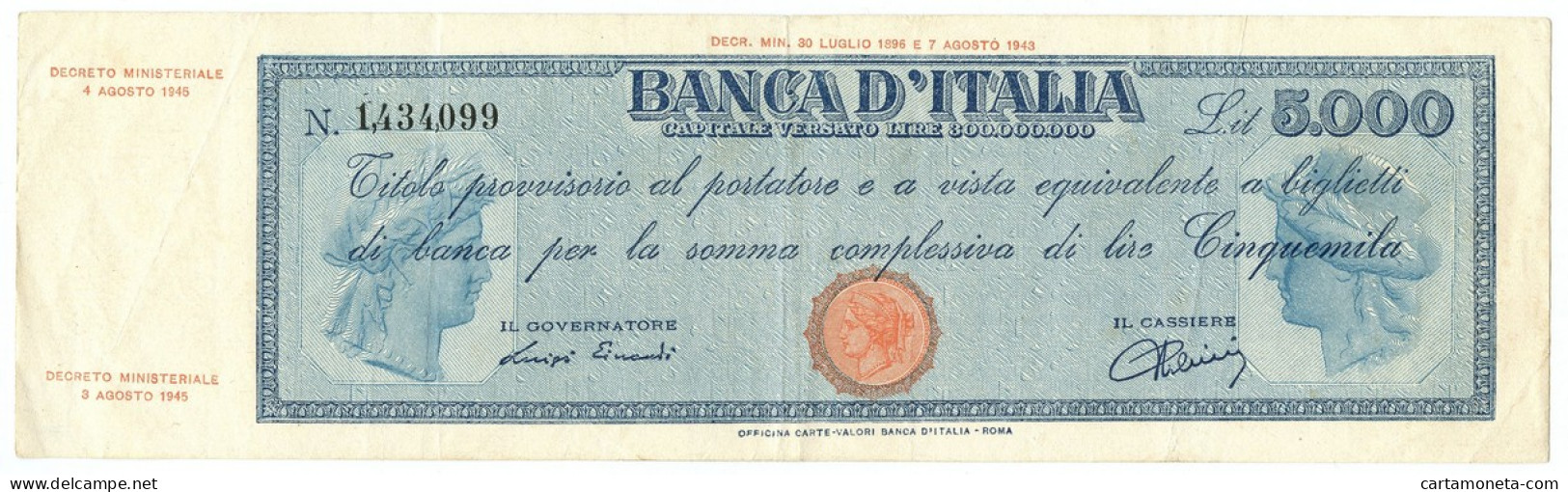 5000 LIRE TITOLO PROVVISORIO TESTINA LUOGOTENENZA UMBERTO 04/08/1945 BB/BB+ - Sonstige