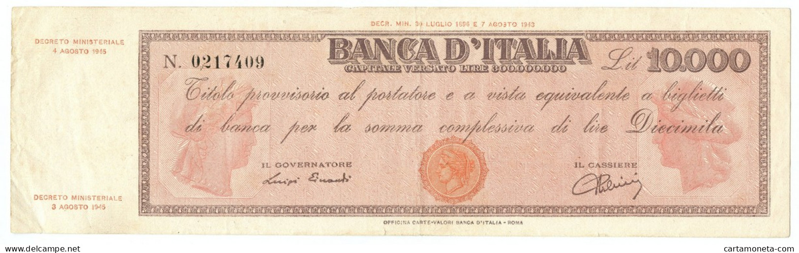 10000 LIRE TITOLO PROVVISORIO TESTINA LUOGOTENENZA UMBERTO 04/08/1945 BB/BB+ - Regno D'Italia – Autres