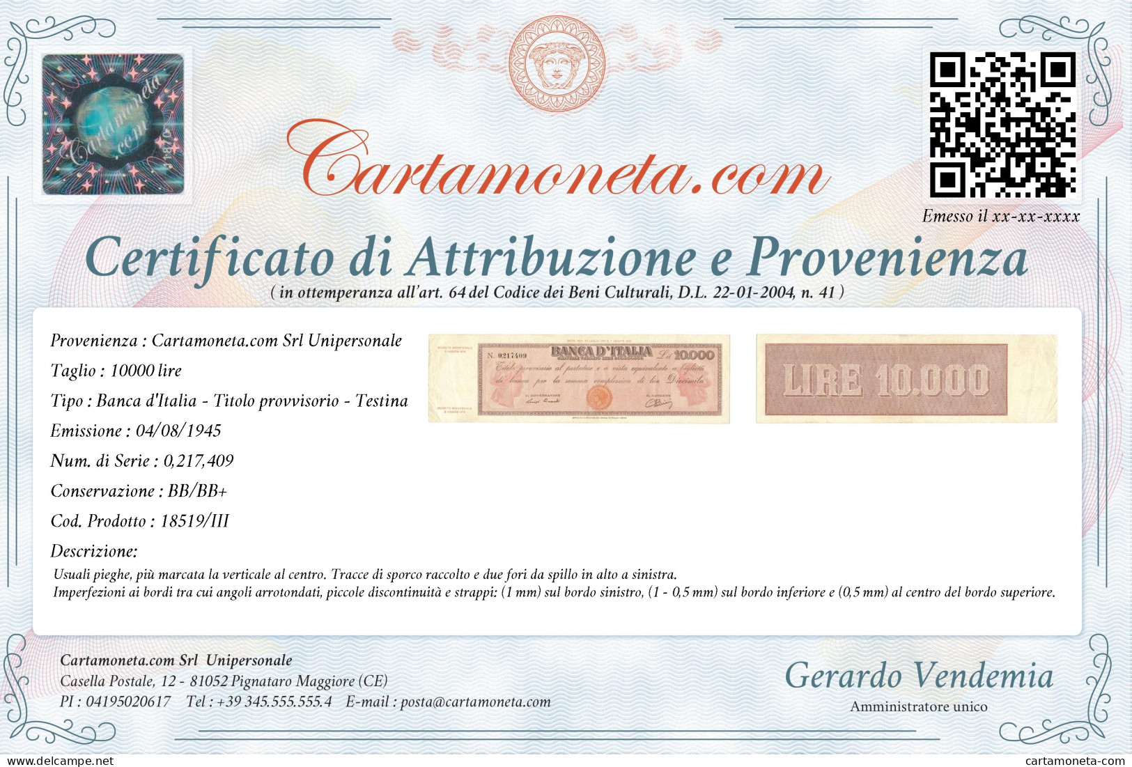 10000 LIRE TITOLO PROVVISORIO TESTINA LUOGOTENENZA UMBERTO 04/08/1945 BB/BB+ - Regno D'Italia – Autres