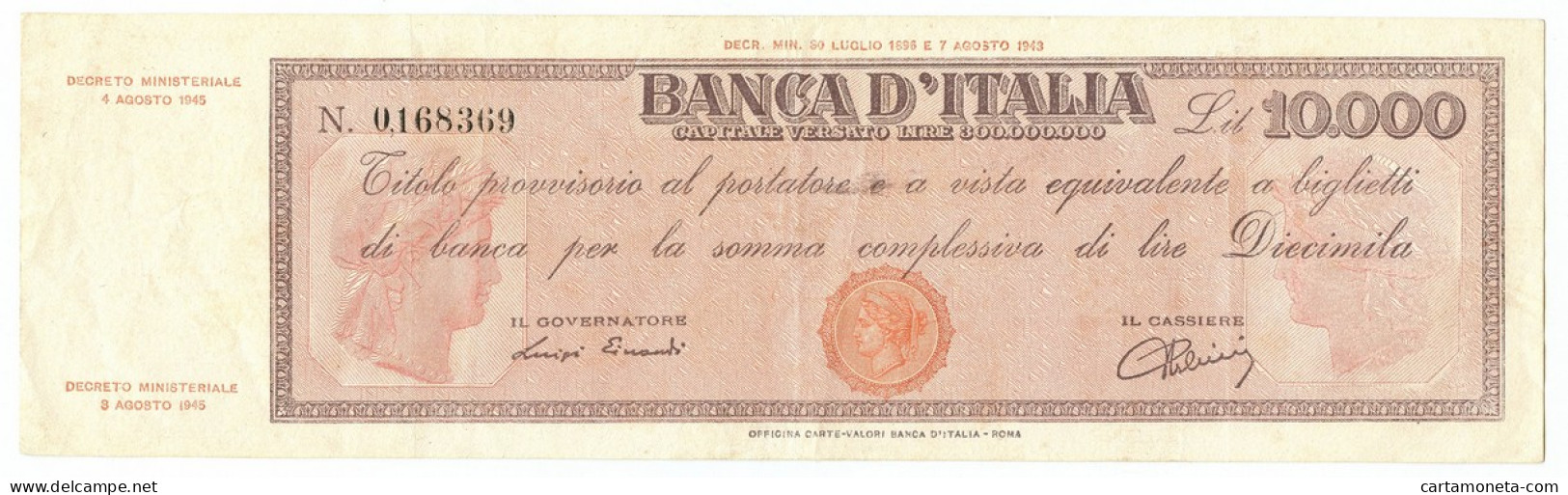 10000 LIRE TITOLO PROVVISORIO TESTINA LUOGOTENENZA UMBERTO 04/08/1945 BB+ - Sonstige