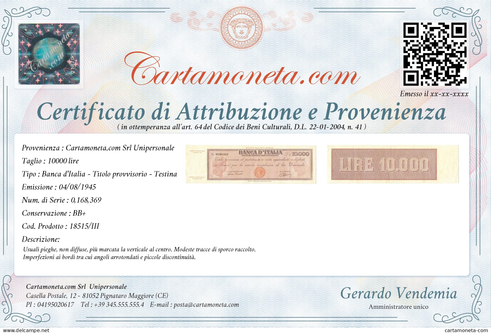 10000 LIRE TITOLO PROVVISORIO TESTINA LUOGOTENENZA UMBERTO 04/08/1945 BB+ - Andere