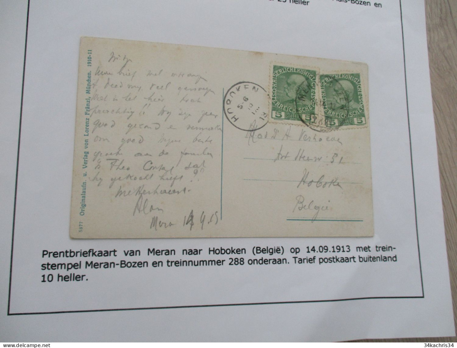 Collection Spécialisée Autriche Italie K.U.. Monarchie  Brief Lettre Meran à Hoboken 14/09/1913 10 Heller Mera Bozen - Briefe U. Dokumente