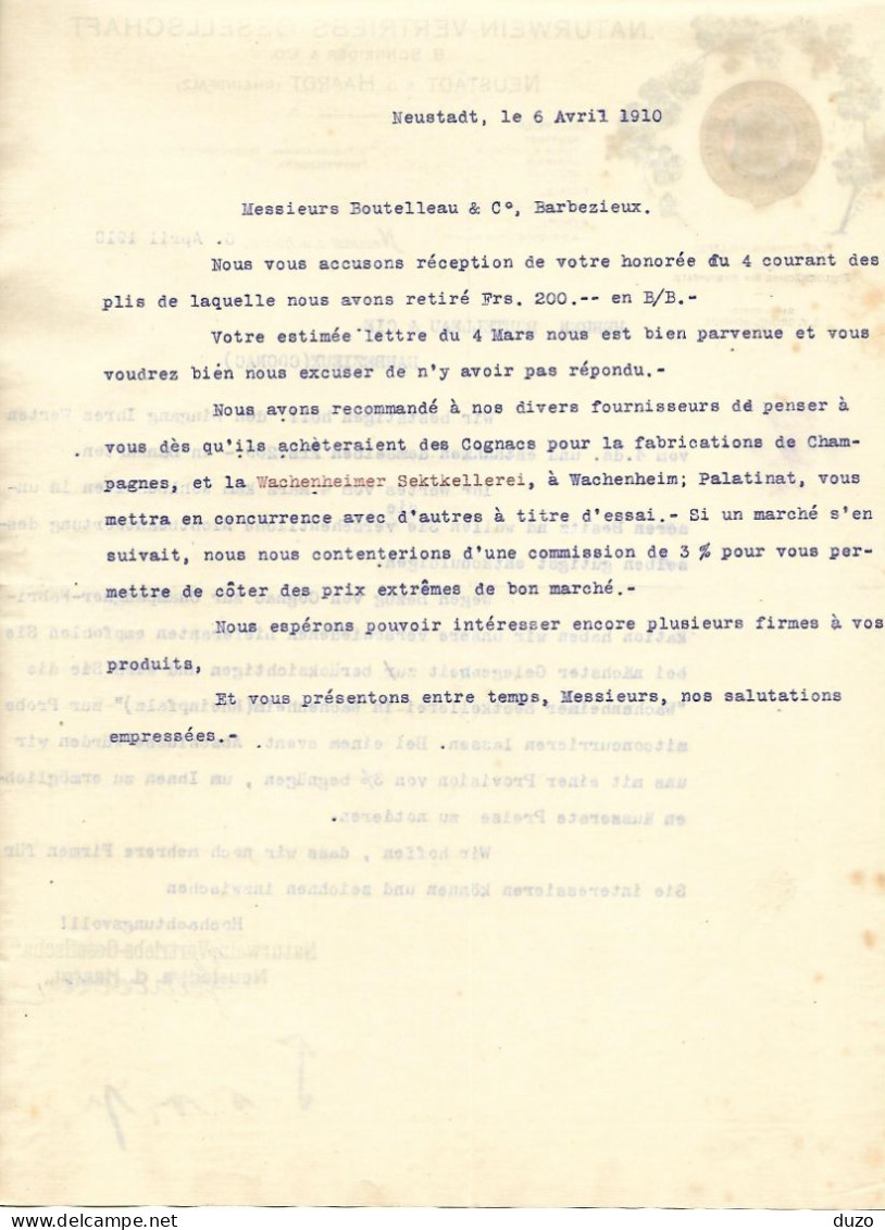 Allemagne - Neustadt A.D. Haardt - Entête Du 6 APRIL 1910 - B.Schneider & Co. -Naturwein - Vertriebs - Gesellschaft. - 1900 – 1949