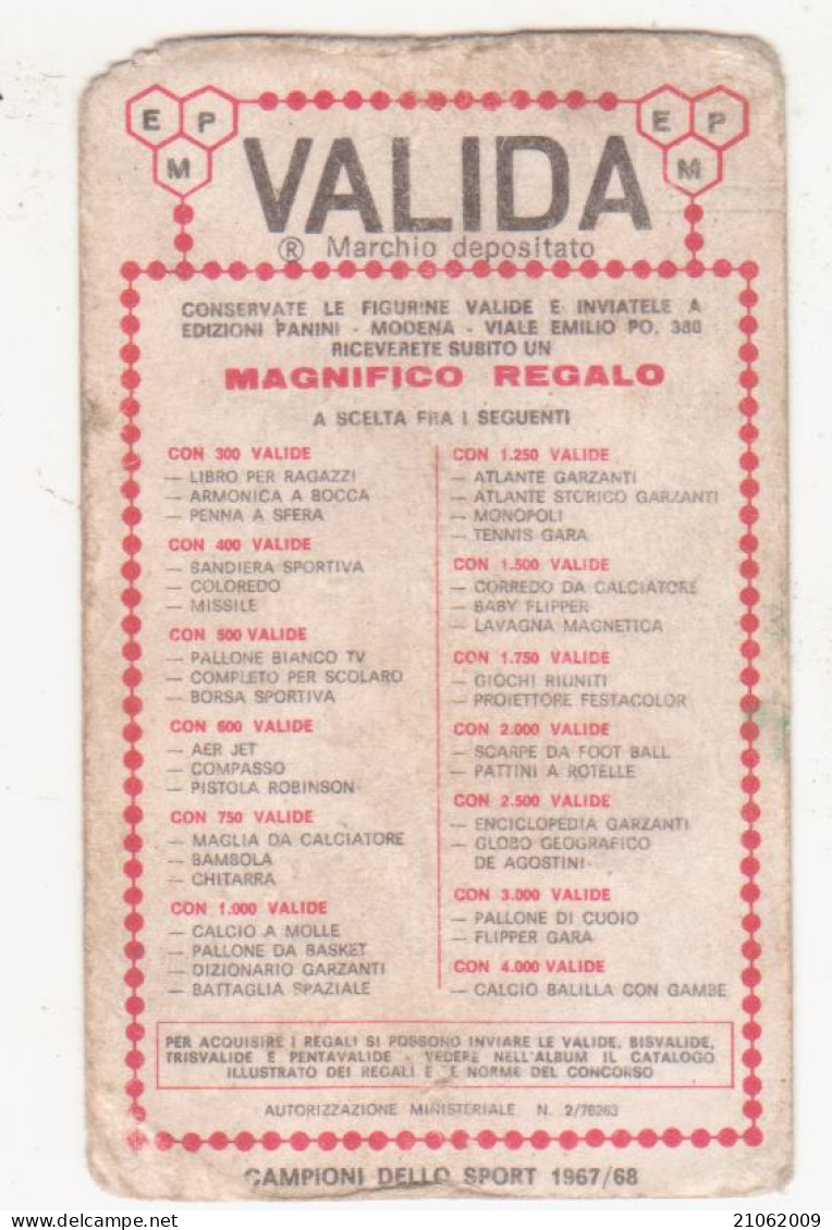 475 PUGILATO - ALDO SPOLDI - VALIDA - CAMPIONI DELLO SPORT 1967-68 PANINI STICKERS FIGURINE - Trading-Karten