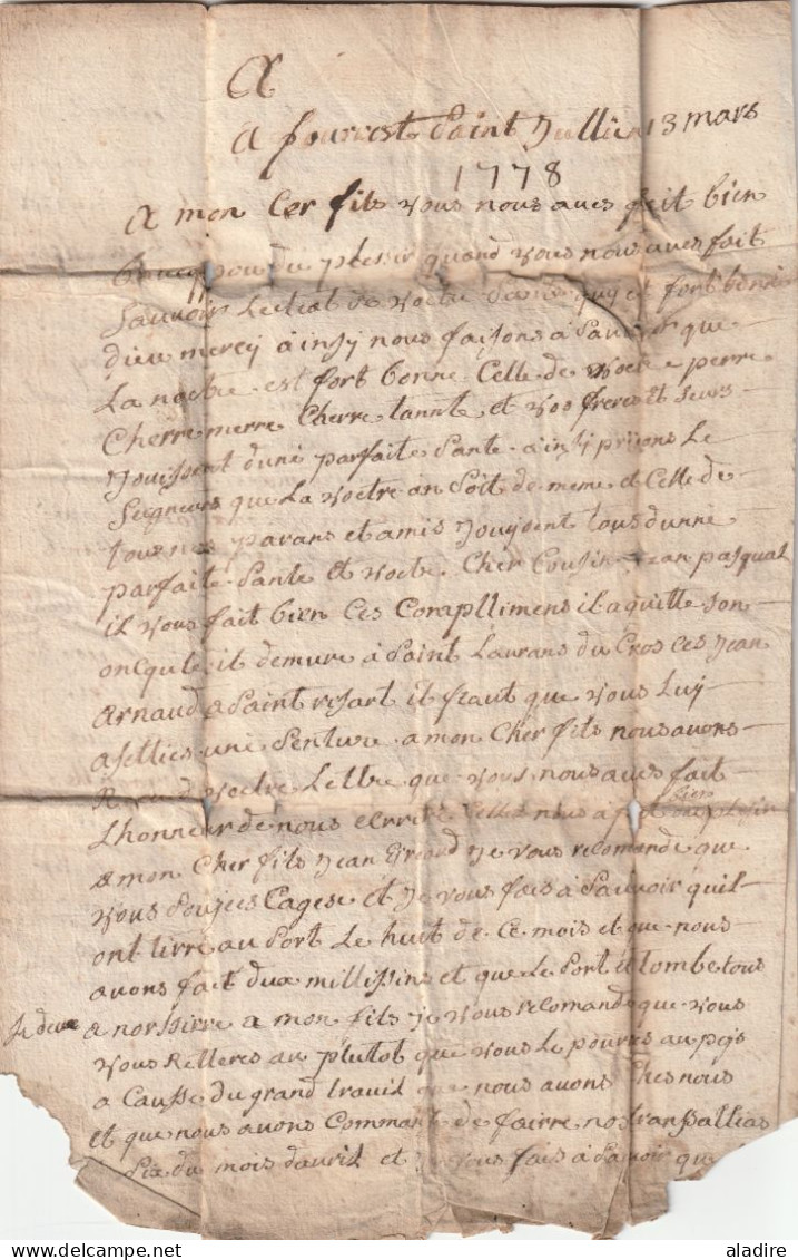 1778 - Marque postale sur lettre avec corresp paternelle de 3 p vers Lion LYON, en diligence - taxe 4 - règne Louis XVI