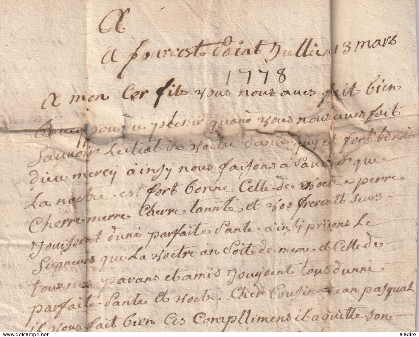 1778 - Marque postale sur lettre avec corresp paternelle de 3 p vers Lion LYON, en diligence - taxe 4 - règne Louis XVI