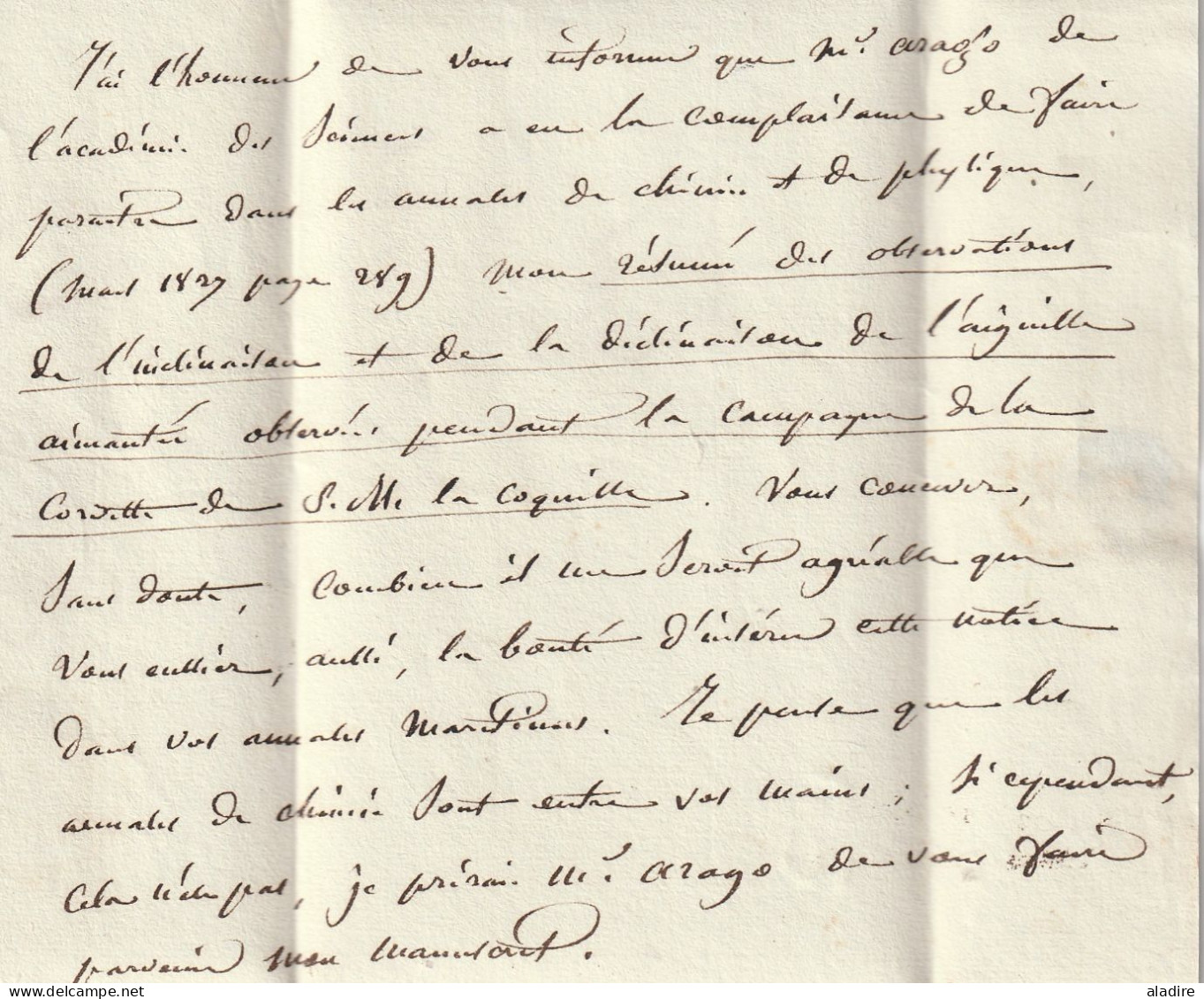 1827 - Lettre De Paris En Ville - Concerne François Arago: Observations Lors De La Campagne De La Corvette La Coquille - 1801-1848: Précurseurs XIX