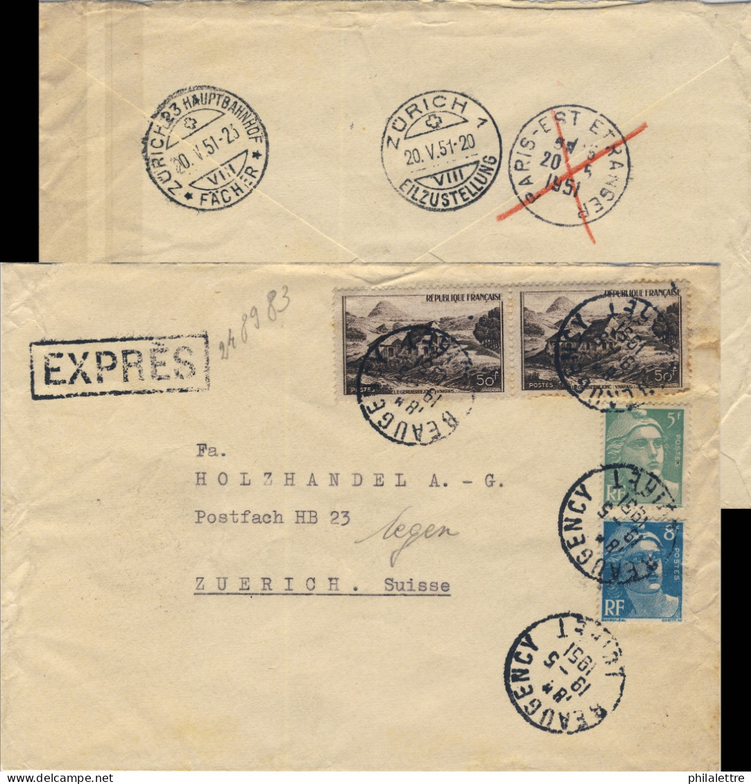 FRANCE - 1951 LSC Par Exprès De BEAUGENCY (Loiret) à ZÜRICH, Suisse Affranchie Yv.809, Yv.810, 2xYv.843 - Briefe U. Dokumente