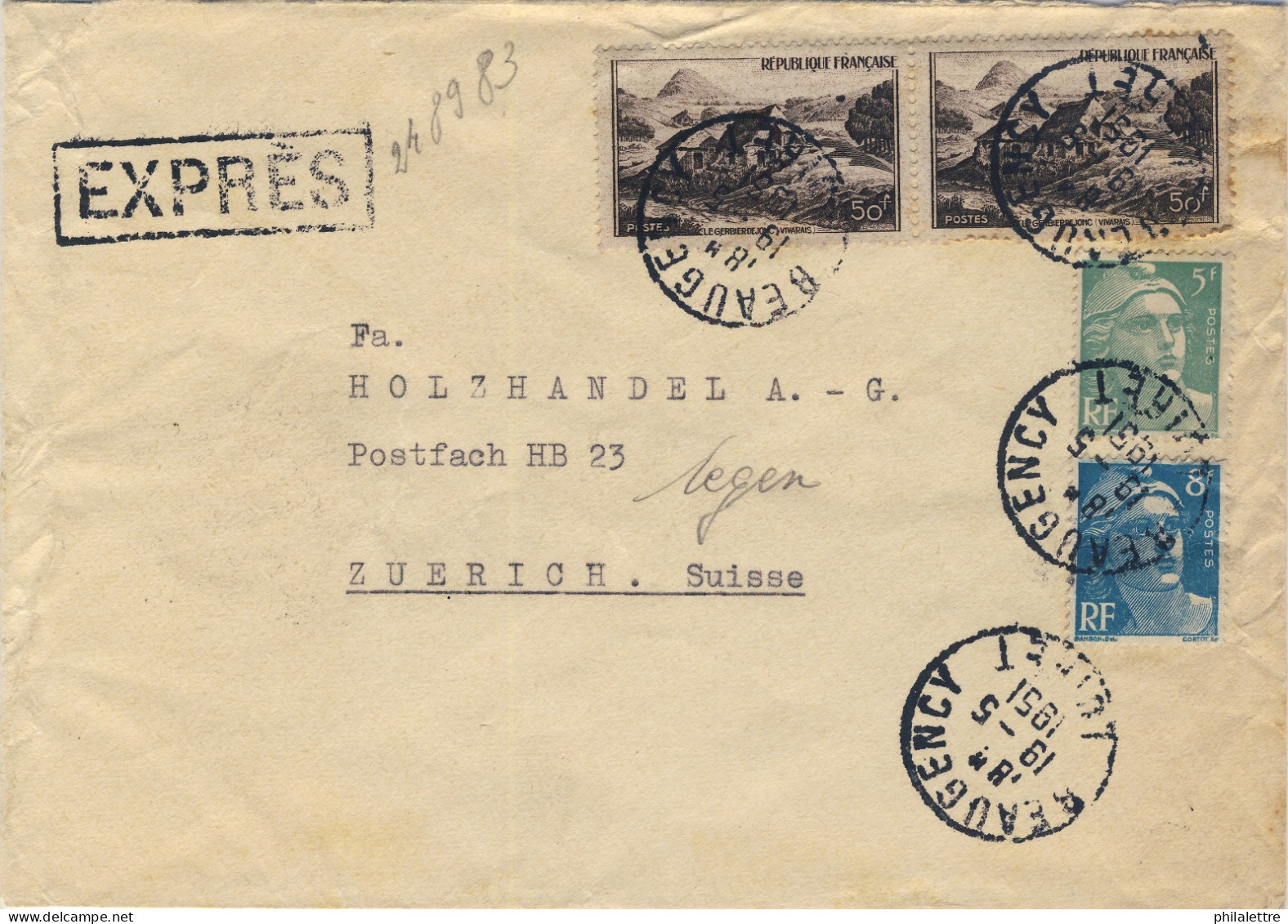 FRANCE - 1951 LSC Par Exprès De BEAUGENCY (Loiret) à ZÜRICH, Suisse Affranchie Yv.809, Yv.810, 2xYv.843 - Covers & Documents