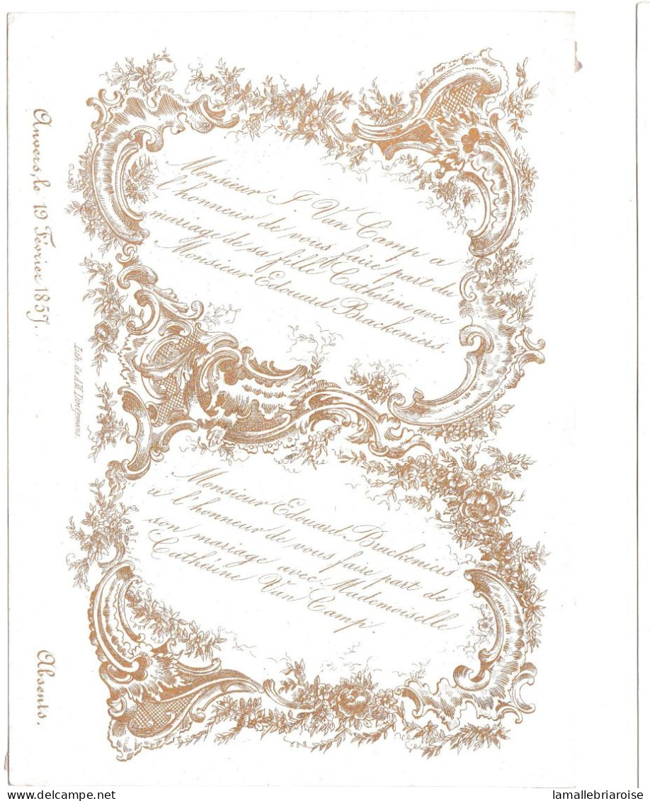 Belgique, "Carte Porcelaine" Porseleinkaart, Faire-part De Mariage, 1857, Anvers, Dim: 150x110 - Porzellan