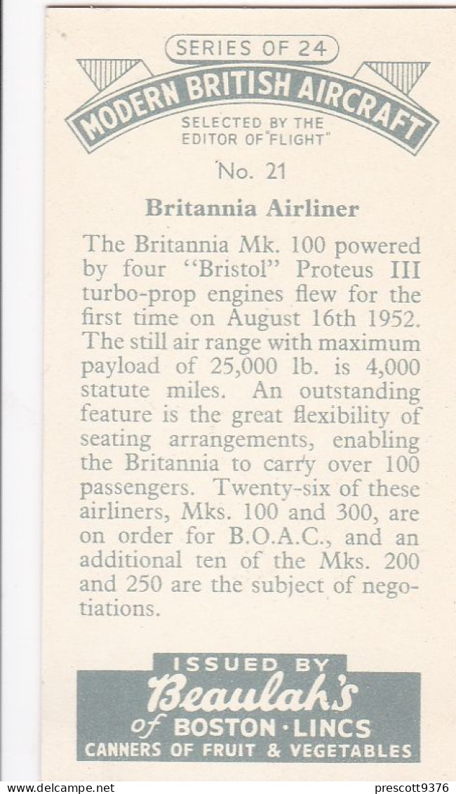 21 Britannia Airliner - Modern British Aircraft 1953 - Beaulah Tea -  Trade Card - Churchman