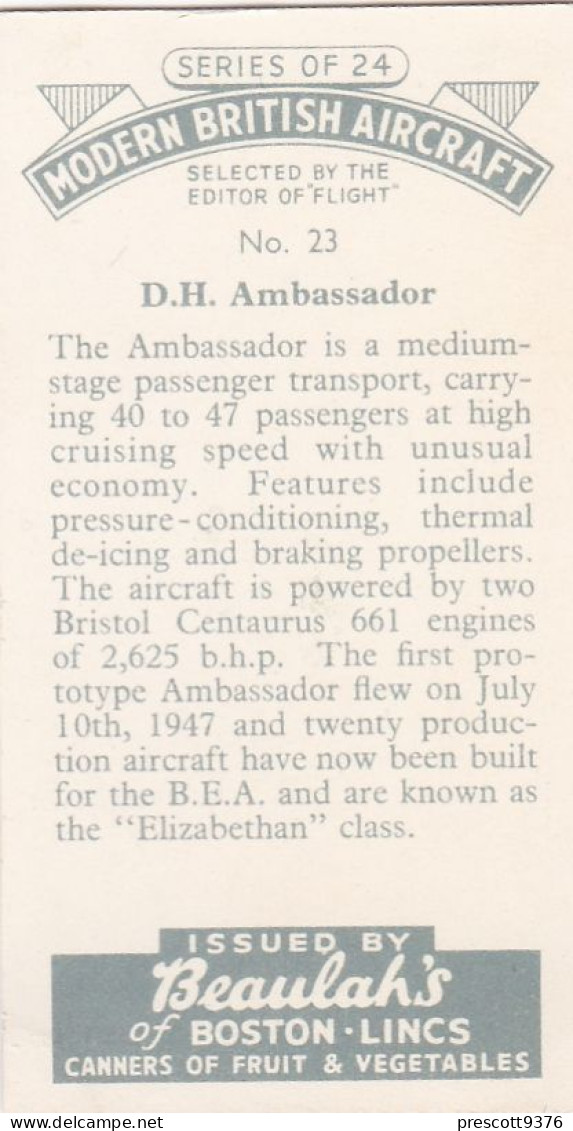 23 DH Ambassador - Modern British Aircraft 1953 - Beaulah Tea -  Trade Card - Churchman