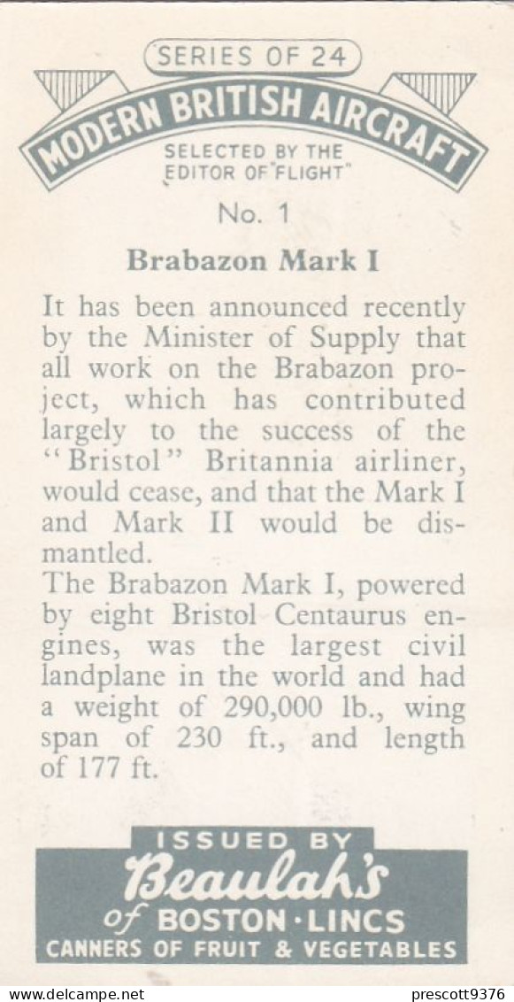 1 Brabazon Mark1   - Modern British Aircraft 1953 - Beaulah Tea -  Trade Card - Churchman