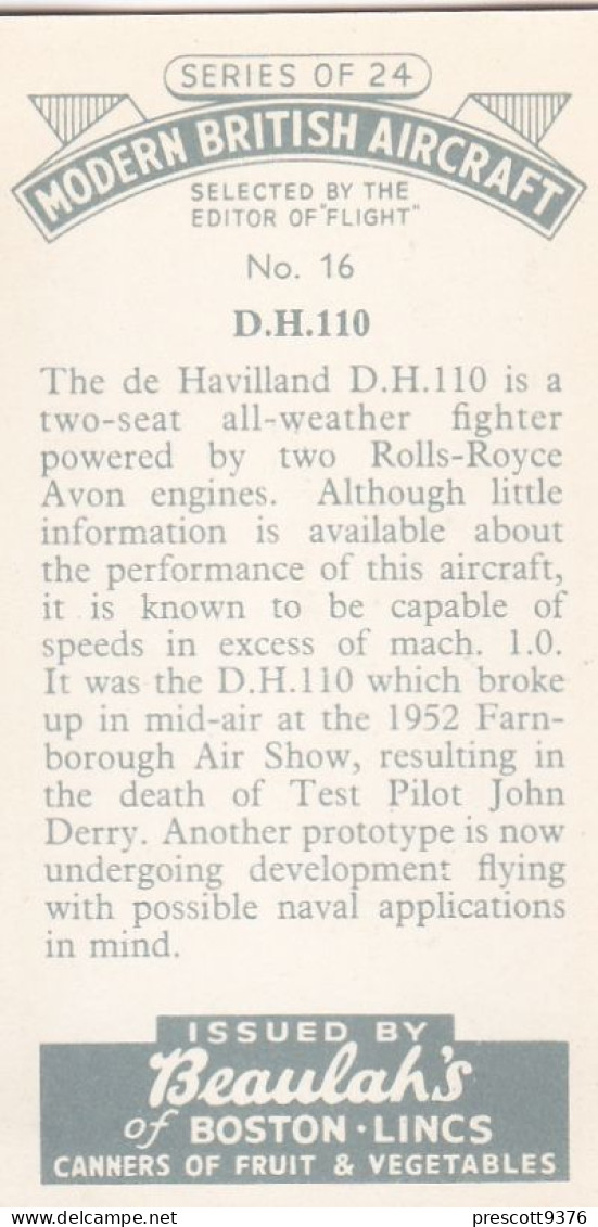 16 DH10, Fighter   - Modern British Aircraft 1953 - Beaulah Tea -  Trade Card - Churchman