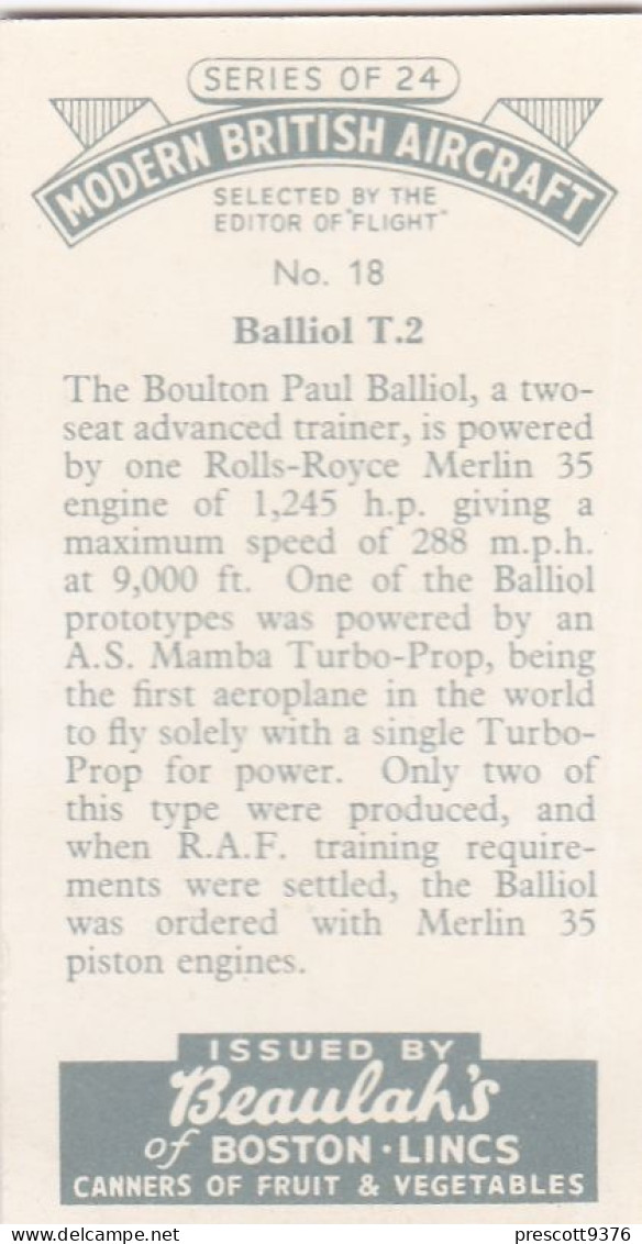 18 Balliol T2, Trainer  - Modern British Aircraft 1953 - Beaulah Tea -  Trade Card - Churchman