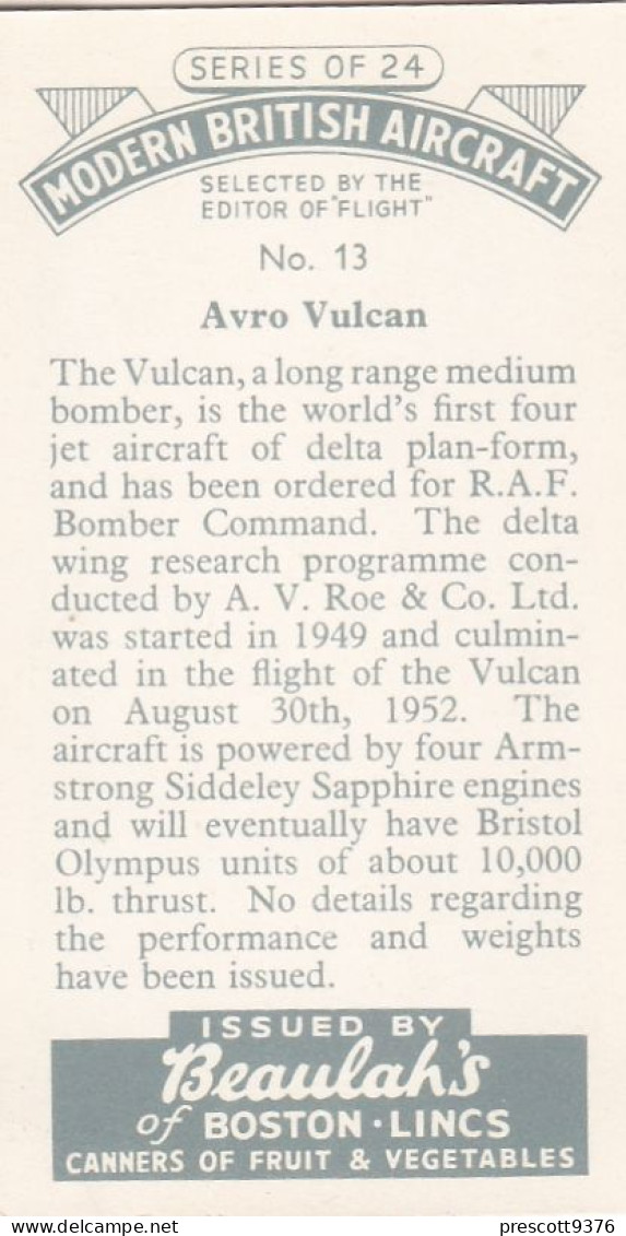 13 Avro Vulcan - Modern British Aircraft 1953 - Beaulah Tea -  Trade Card - Churchman