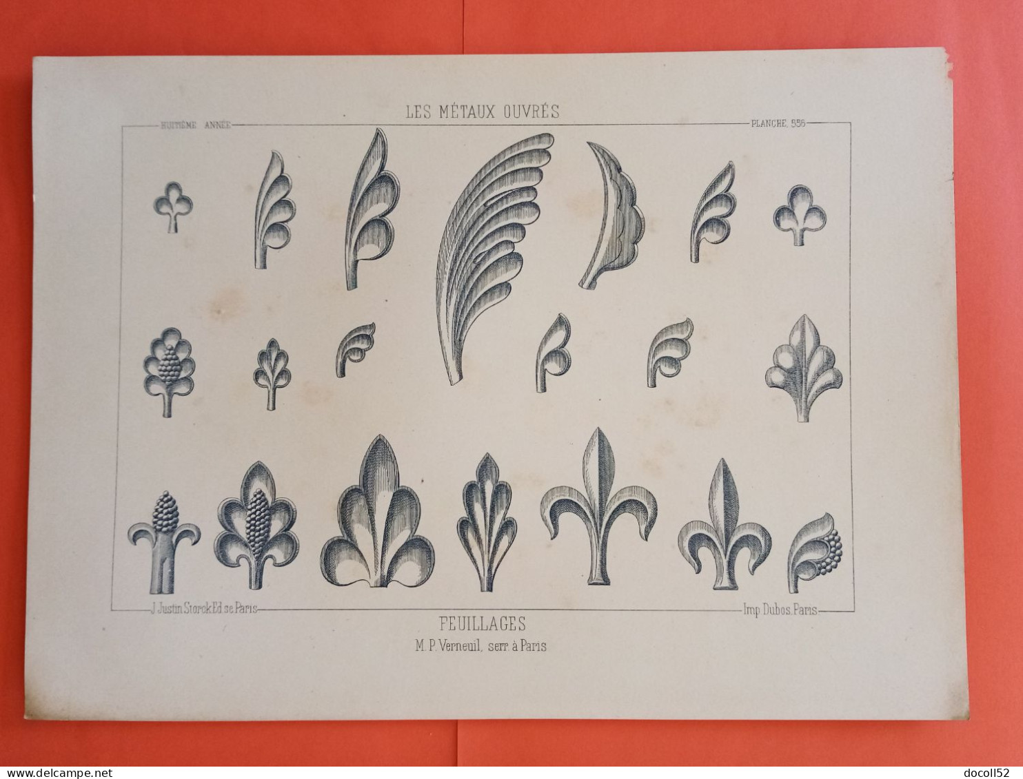 LES METAUX OUVRES 1889 LITHO FER FONTE CUIVRE ZINC " Feuillages Mr P Verneuil Serrurier à Paris " 1 PLANCHE - Architecture