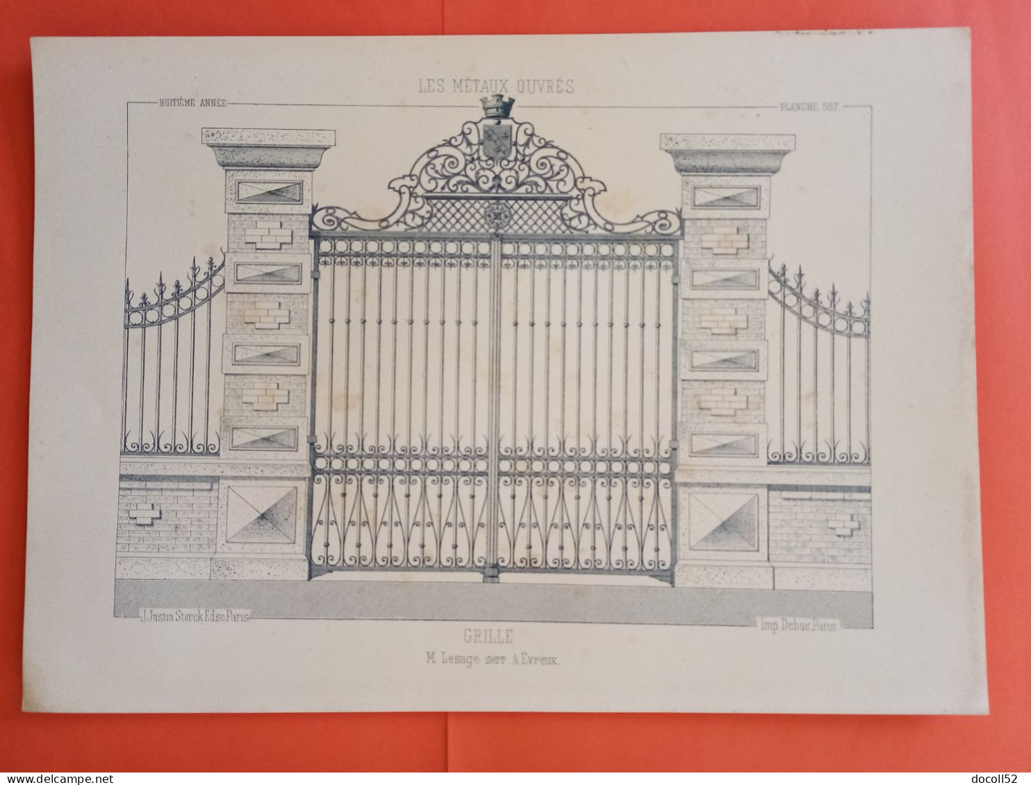 LES METAUX OUVRES 1889 LITHO FER FONTE CUIVRE ZINC " Grille Mr P Lesage Serrurier à Evreux " 1 PLANCHE - Architecture