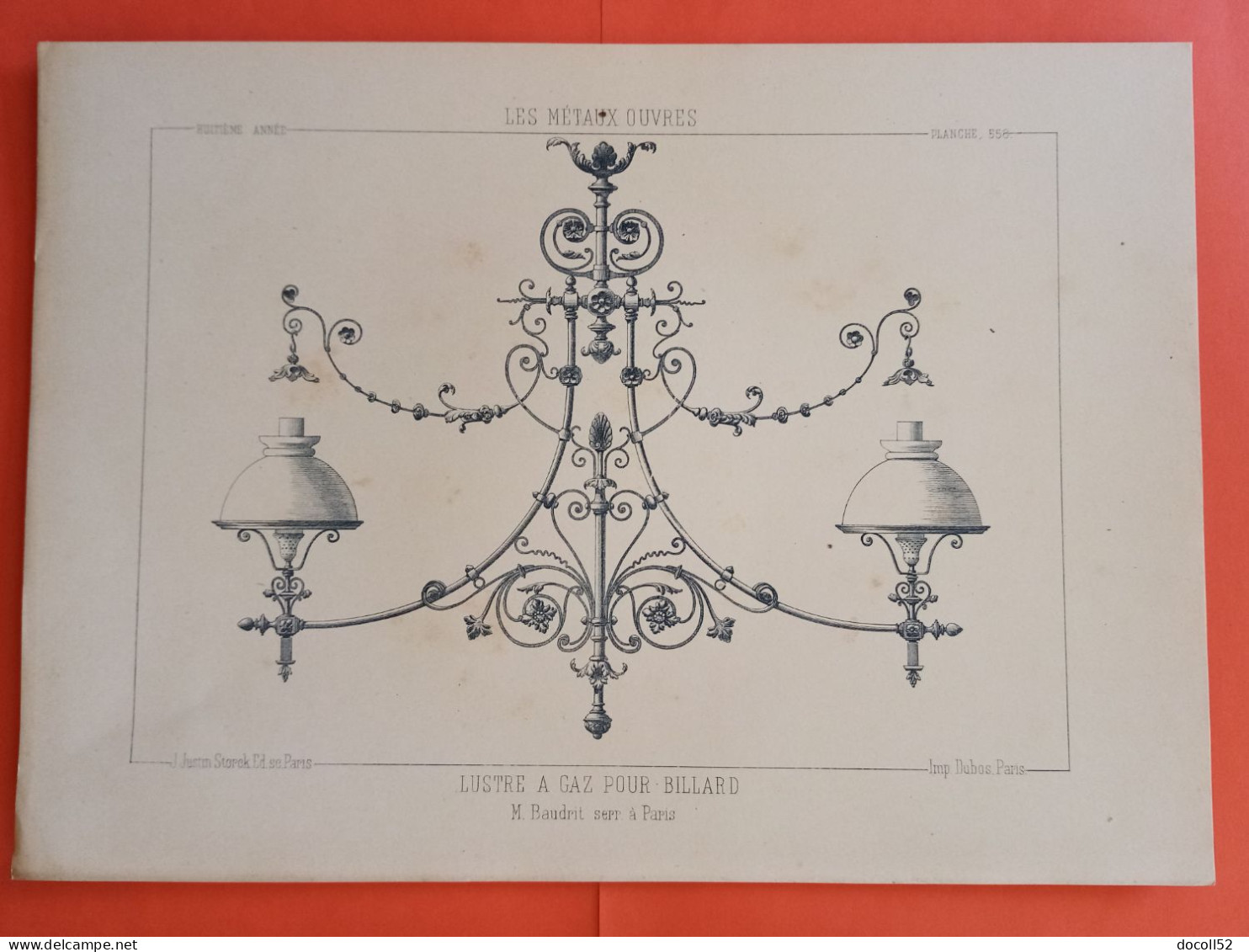 LES METAUX OUVRES 1889 LITHO FER FONTE CUIVRE ZINC " Lustre à Gaz Pour Billar Mr Baudrit Serrurier à Paris " 1 PLANCHE - Architecture