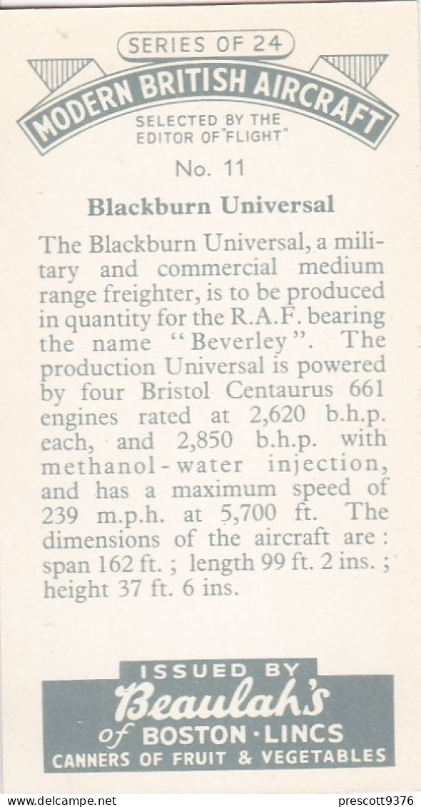 11 Blackburn Universal   - Modern British Aircraft 1953 - Beaulah Tea -  Trade Card - Churchman