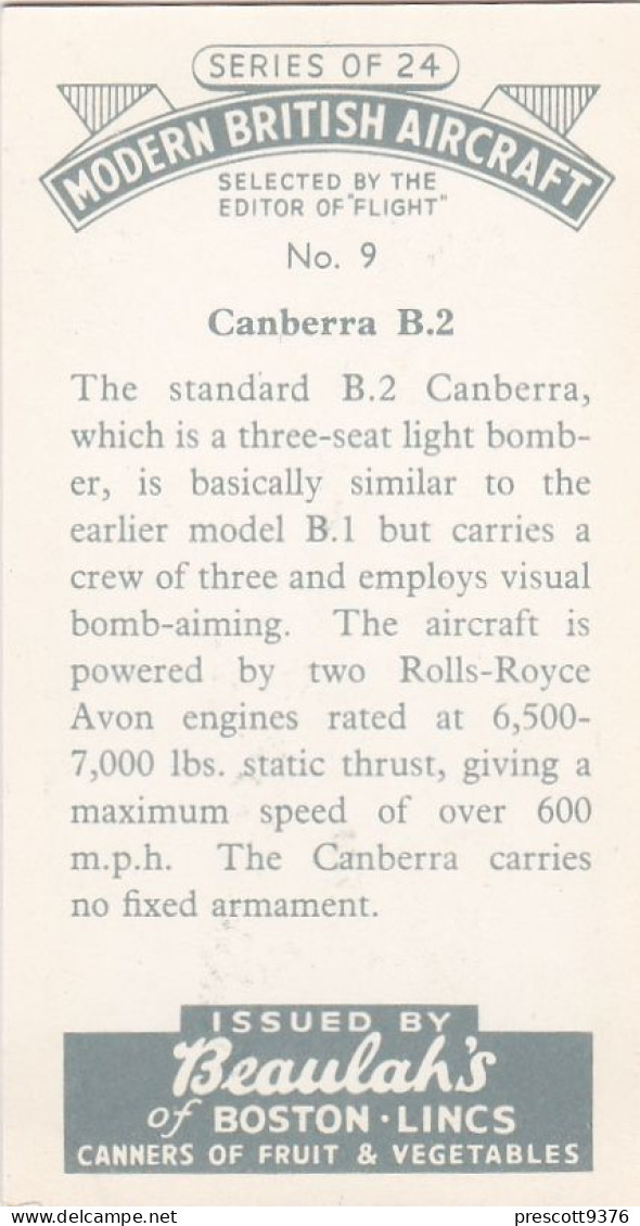 9 Canberra B2  - Modern British Aircraft 1953 - Beaulah Tea -  Trade Card - Churchman