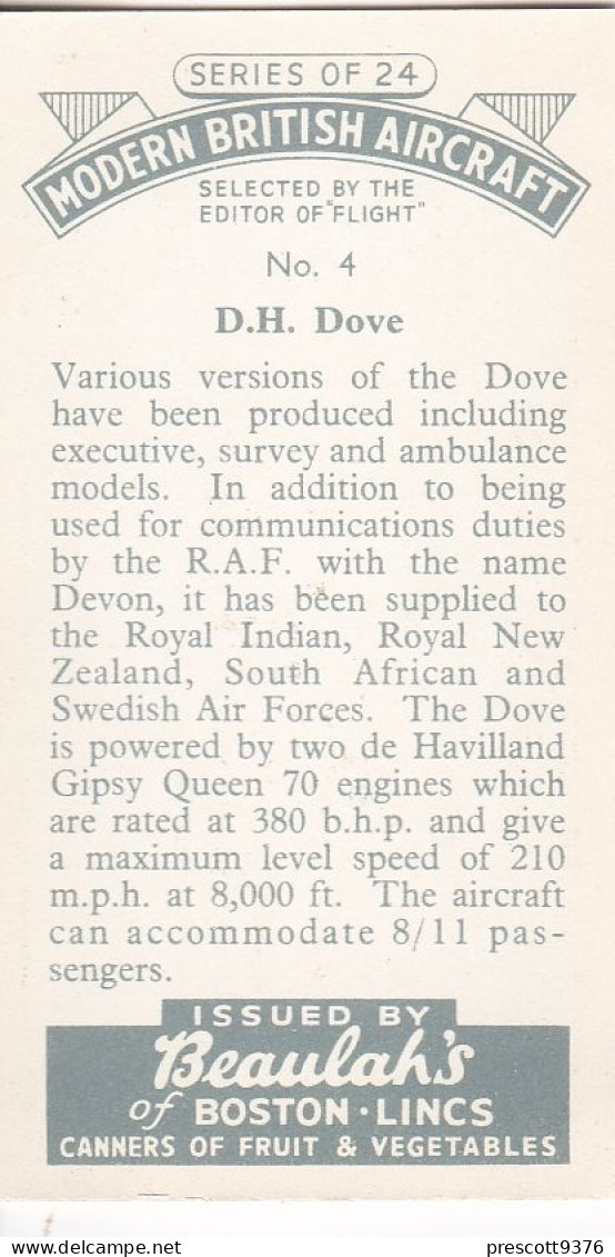 4 DH Dove  - Modern British Aircraft 1953 - Beaulah Tea -  Trade Card - Churchman