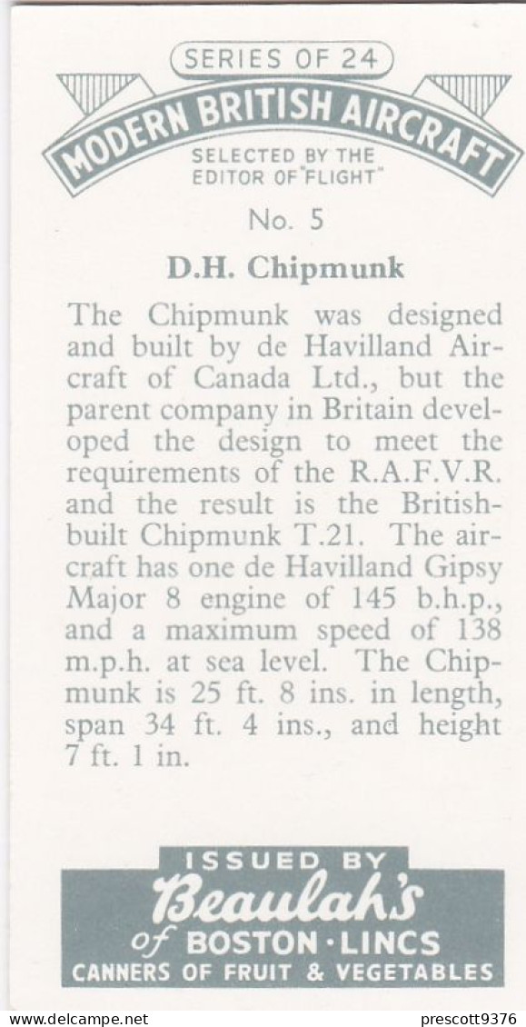 5 DH Chipmunk, Trainer  - Modern British Aircraft 1953 - Beaulah Tea -  Trade Card - Churchman