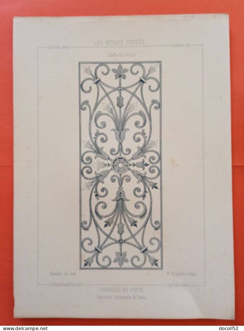 LES METAUX OUVRES 1889 LITHO FER FONTE CUIVRE ZINC " Panneau De Porte Chili Exposition Universelle De Paris " 1 PLANCHE - Architecture
