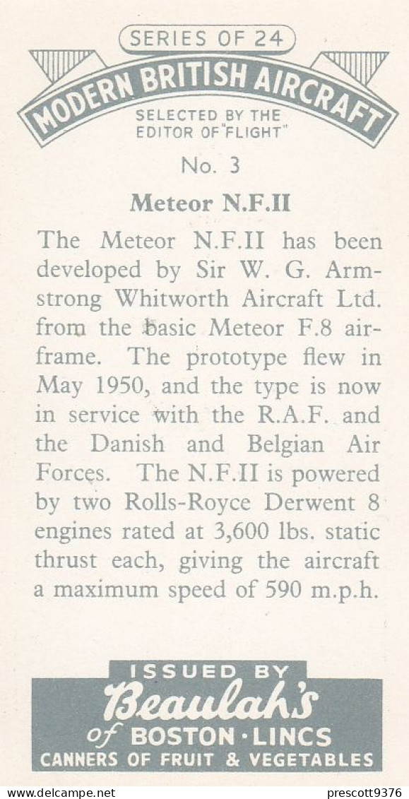 3 Meteor NFII Fighter - Modern British Aircraft 1953 - Beaulah Tea -  Trade Card - Churchman