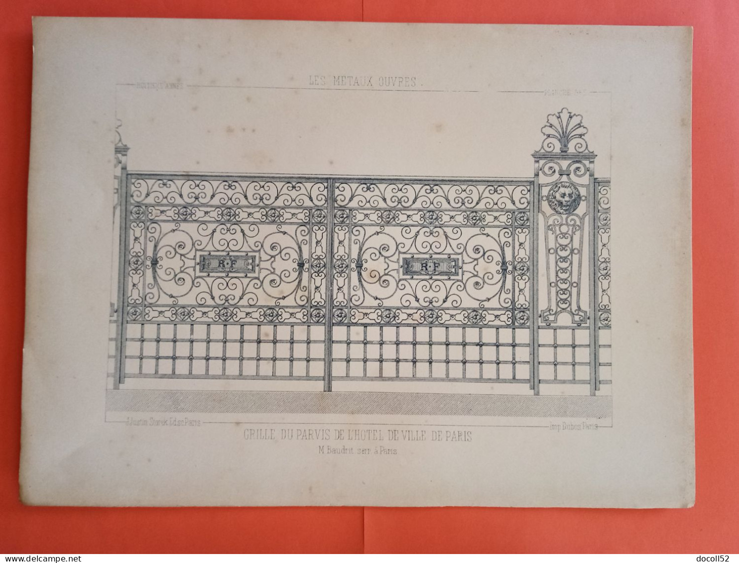 LES METAUX OUVRES 1889 LITHO FER FONTE CUIVRE ZINC " Grille Du Parvis De L'hotel De Ville De Paris " 1 PLANCHE - Architecture