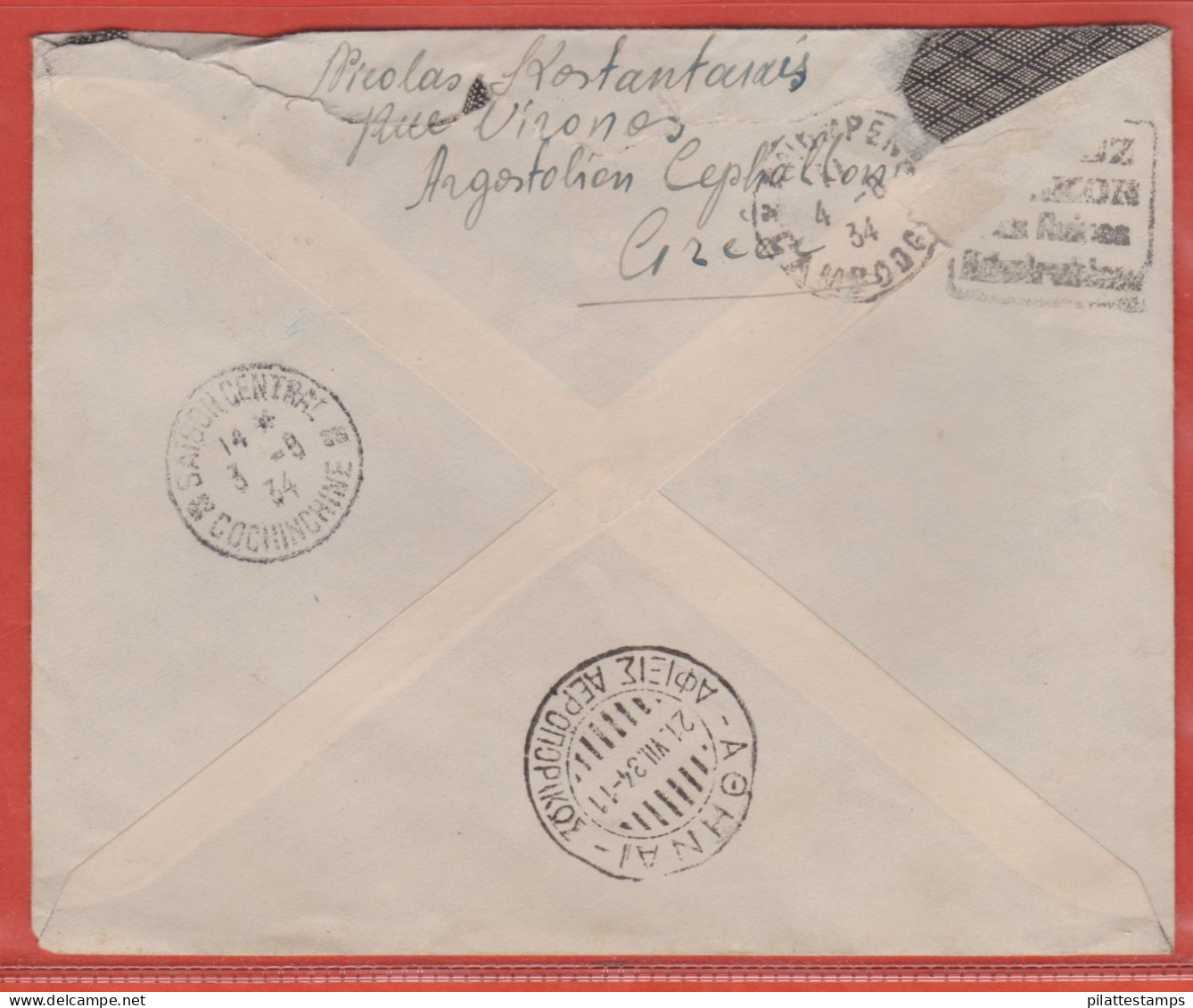 GRECE LETTRE PAR AVION DE 1934 DE ARGOSTOLION POUR PNOM PENH CAMBODGE INDOCHINE - Postmarks - EMA (Printer Machine)
