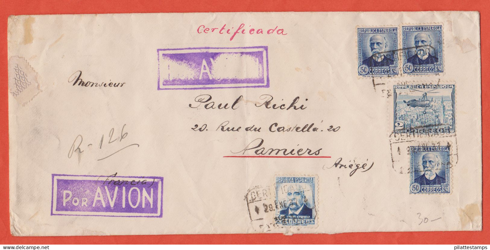 ESPAGNE LETTRE PAR AVION RECOMMANDEE DE 1937 DE BARCELONE POUR PAMIERS FRANCE - Franking Machines (EMA)