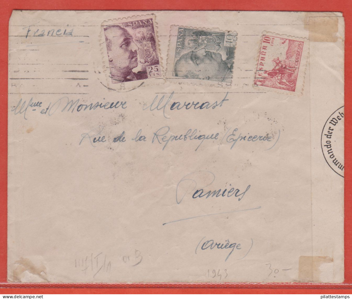 ESPAGNE LETTRE CENSUREE DE 1943 DE LERIDA POUR PAMIERS FRANCE - Maschinenstempel (EMA)