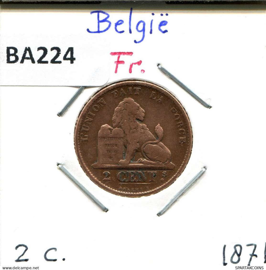 2 CENTIMES 1871 FRENCH Text BELGIQUE BELGIUM Pièce #BA224.F - 2 Cent