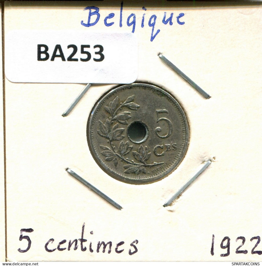 5 CENTIMES 1922 FRENCH Text BELGIQUE BELGIUM Pièce #BA253.F - 5 Cent