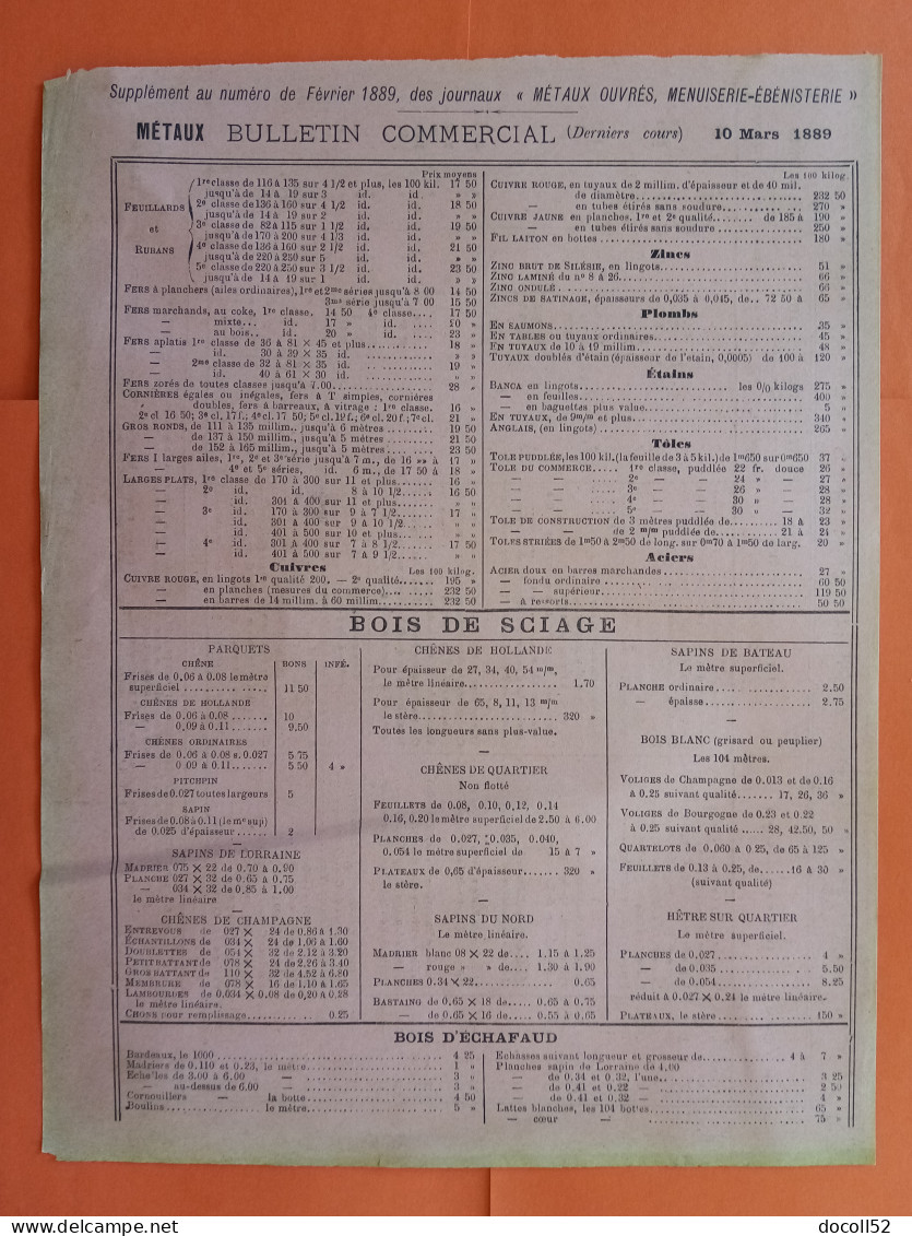 LES METAUX OUVRES Supplément Du 10 Mars 1889 Bulletin Commercial Et Adjudications Administratives - Architecture