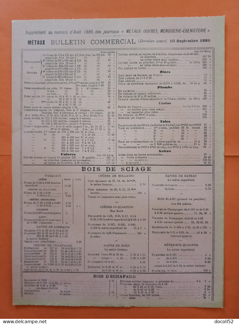 LES METAUX OUVRES Supplément Du 10 Septembre 1889 Bulletin Commercial Et Adjudications Administratives - Architecture