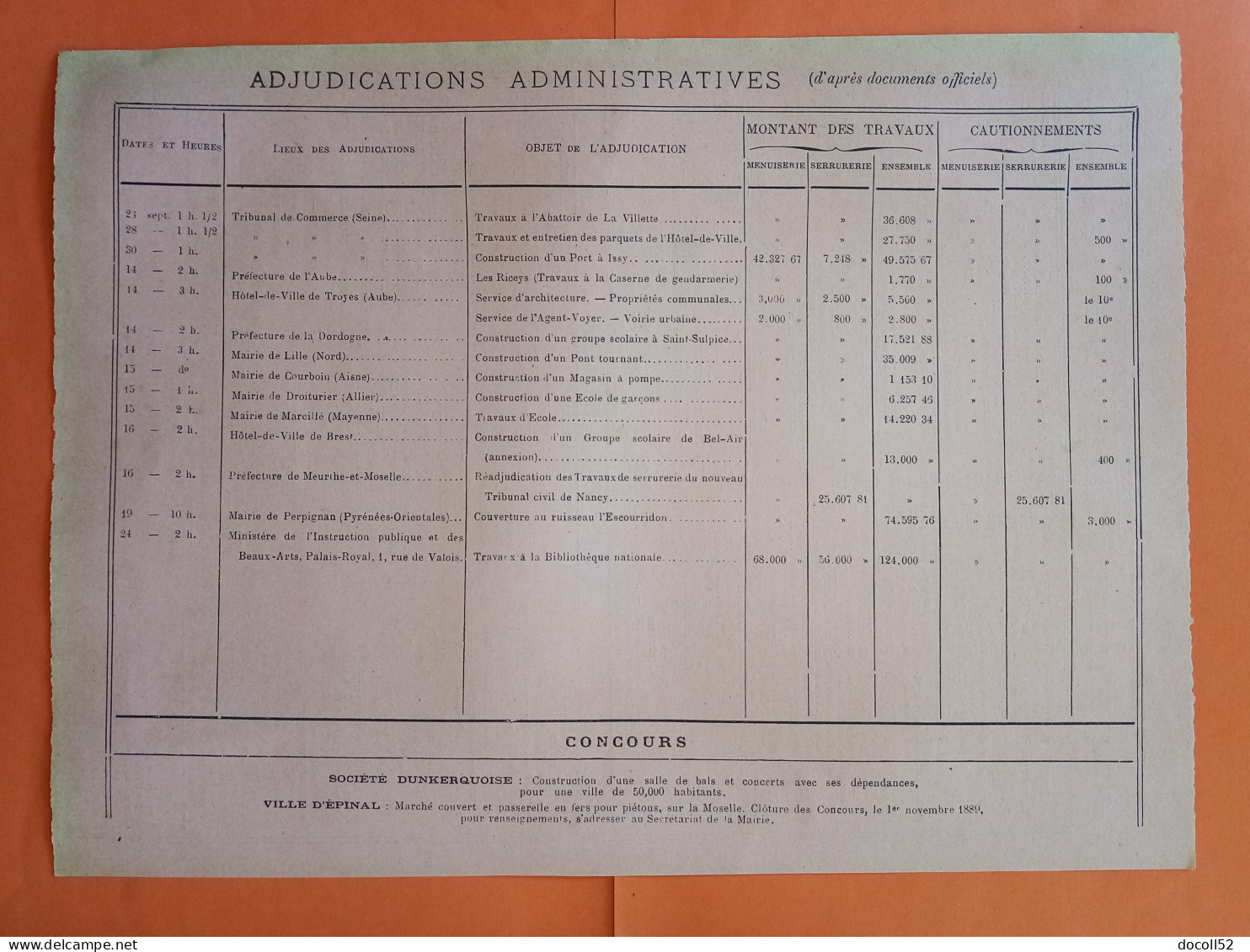 LES METAUX OUVRES Supplément Du 10 Septembre 1889 Bulletin Commercial Et Adjudications Administratives - Architecture