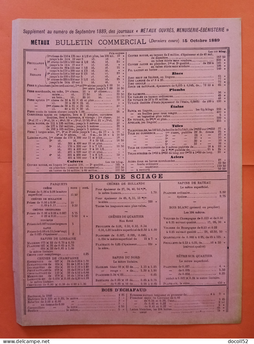 LES METAUX OUVRES Supplément Du 10 Septembre 1889 Bulletin Commercial Et Adjudications Administratives - Architecture