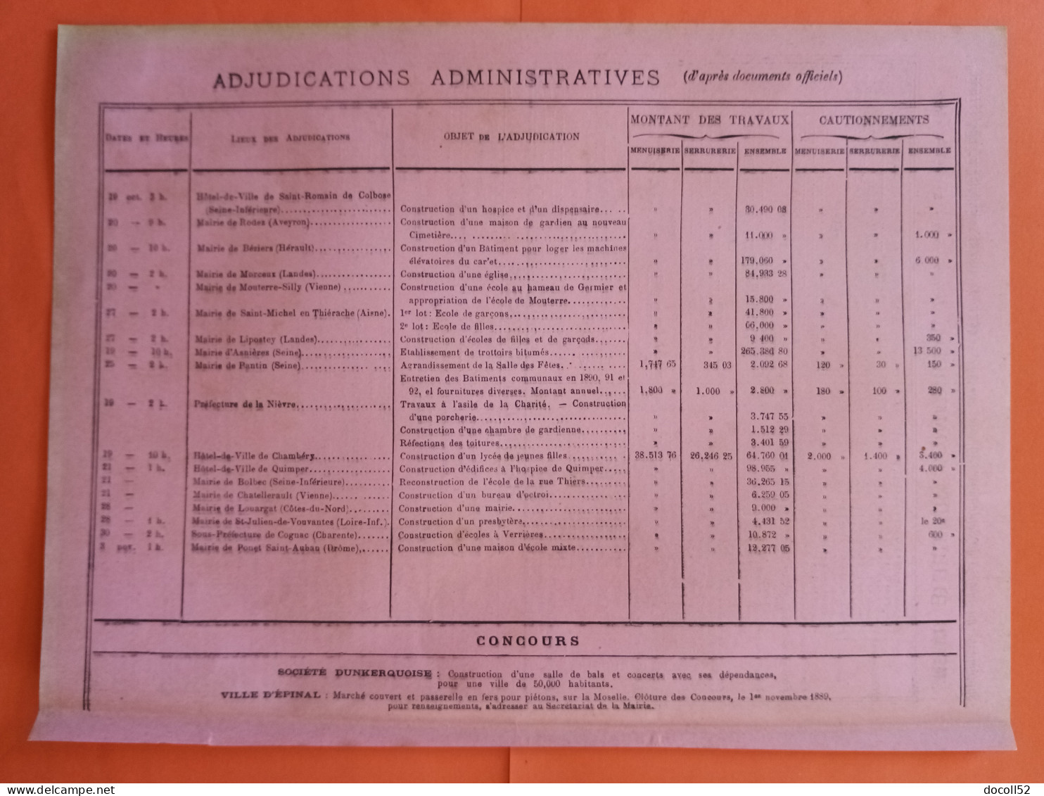 LES METAUX OUVRES Supplément Du 10 Septembre 1889 Bulletin Commercial Et Adjudications Administratives - Architecture