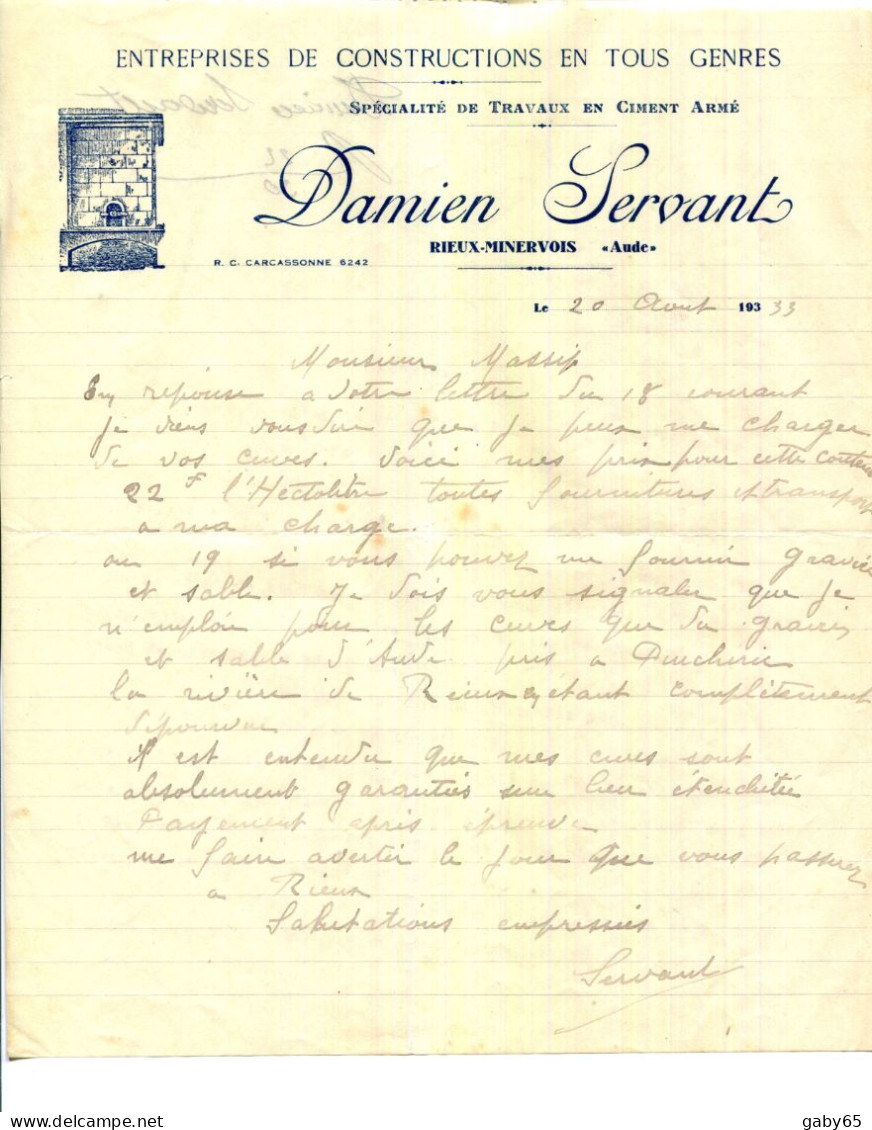 FACTURE.11.AUDE.RIEUX-MINERVOIS.ENTREPRISE DE CONSTRUCTIONS.TRAVAUX EN CIMENT ARME.DAMIEN SERVANT. - Petits Métiers