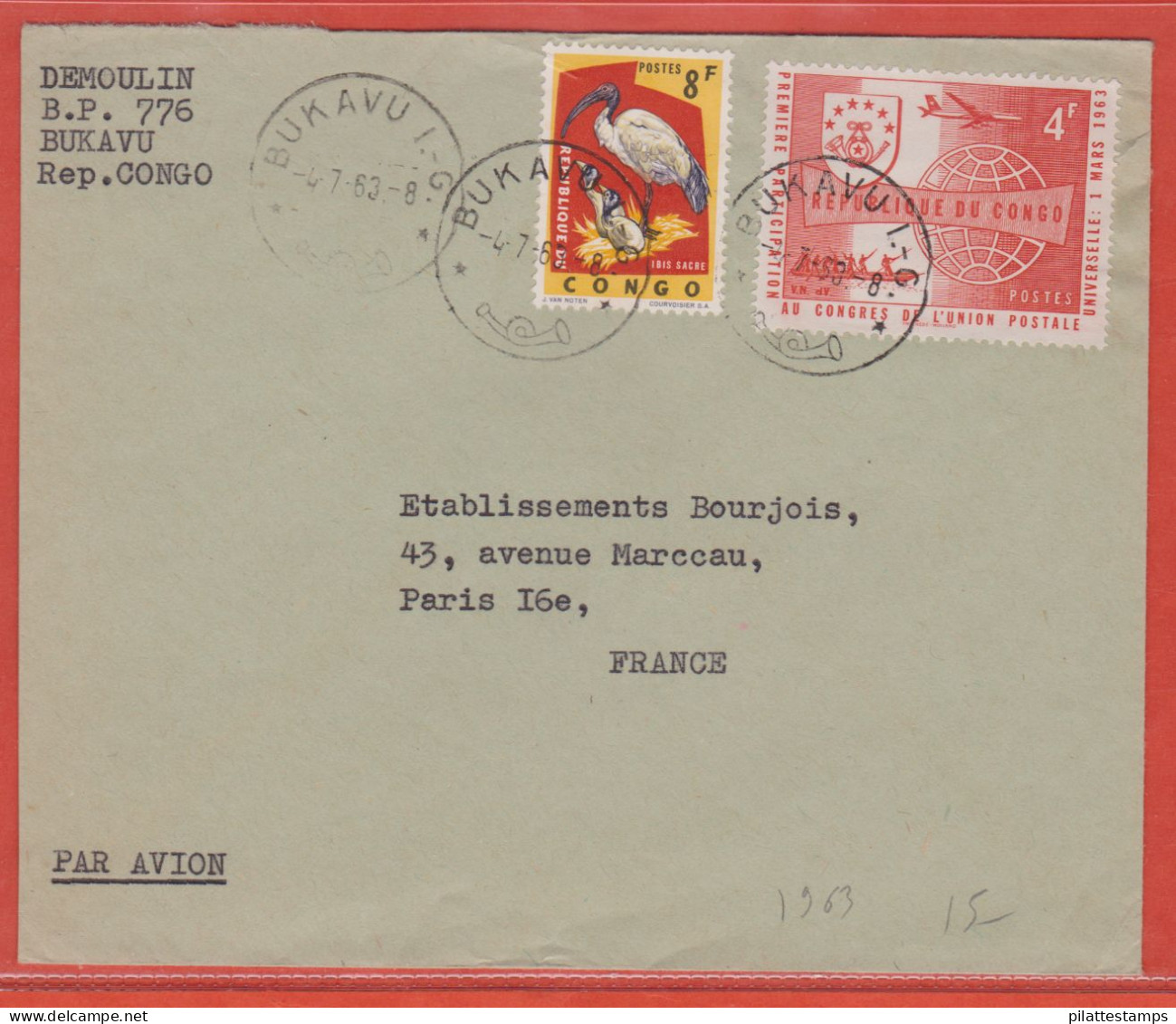 CONGO LETTRE PAR AVION DE 1963 DE BUKAVU POUR PARIS FRANCE - Storia Postale