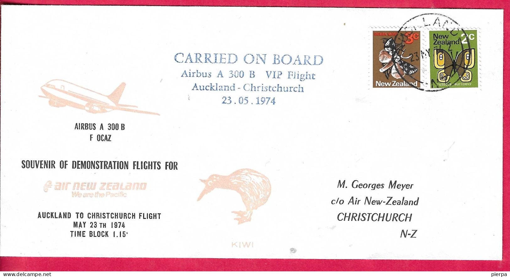 NEW ZEALAND - VIP FLIGHT AIRBUS A 300 FROM AUCKLAND TO CHRISTCHURCH *23.5.74* ON OFFICIAL COVER - Poste Aérienne
