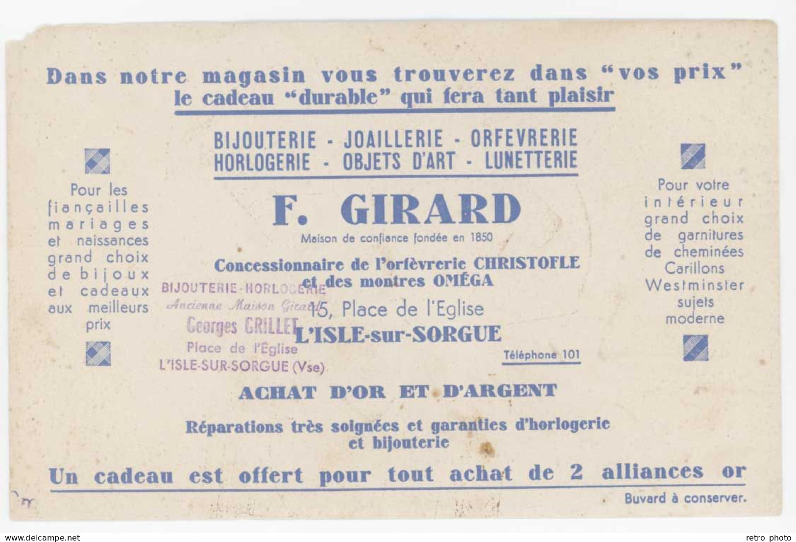 Buvard Magasin F. Girard, Bijouterie, Horlogerie, Lunetterie ... ( Tampon Georges Grillet L'Isle Sur Sorgue ), état - M