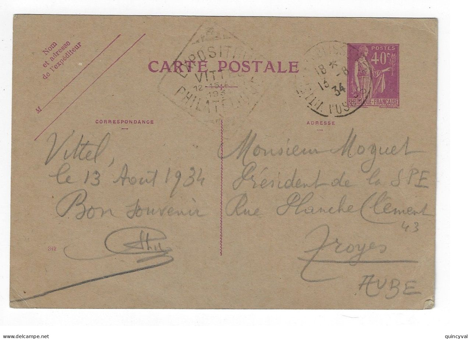 Entier Carte Postale Paix 40 C. Exposition VITTEL 12 Aout 1934 Ob 13 8 1934 Mill 342 Storch A3p Avec Cachet Exposition - Cartoline Postali Ristampe (ante 1955)