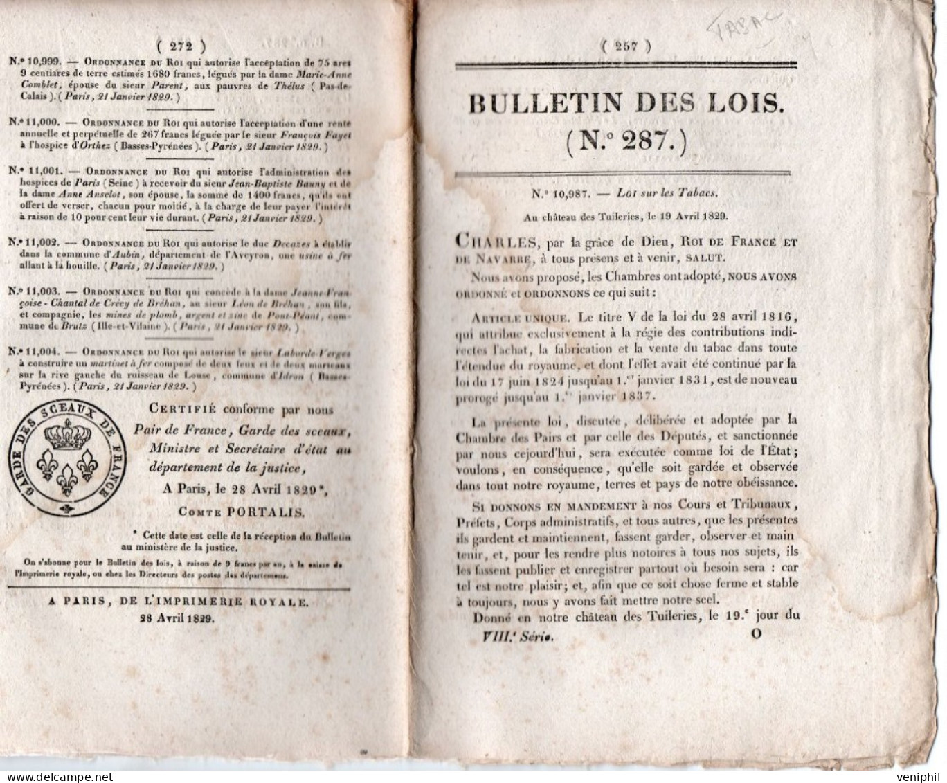 BULLETIN DES LOIS - N° 287 - LOI SUR LES TABACS -AU CHATEAU DES TUILERIES 19 AVRIL 1829- PAGE 257 A 272 - Decreti & Leggi