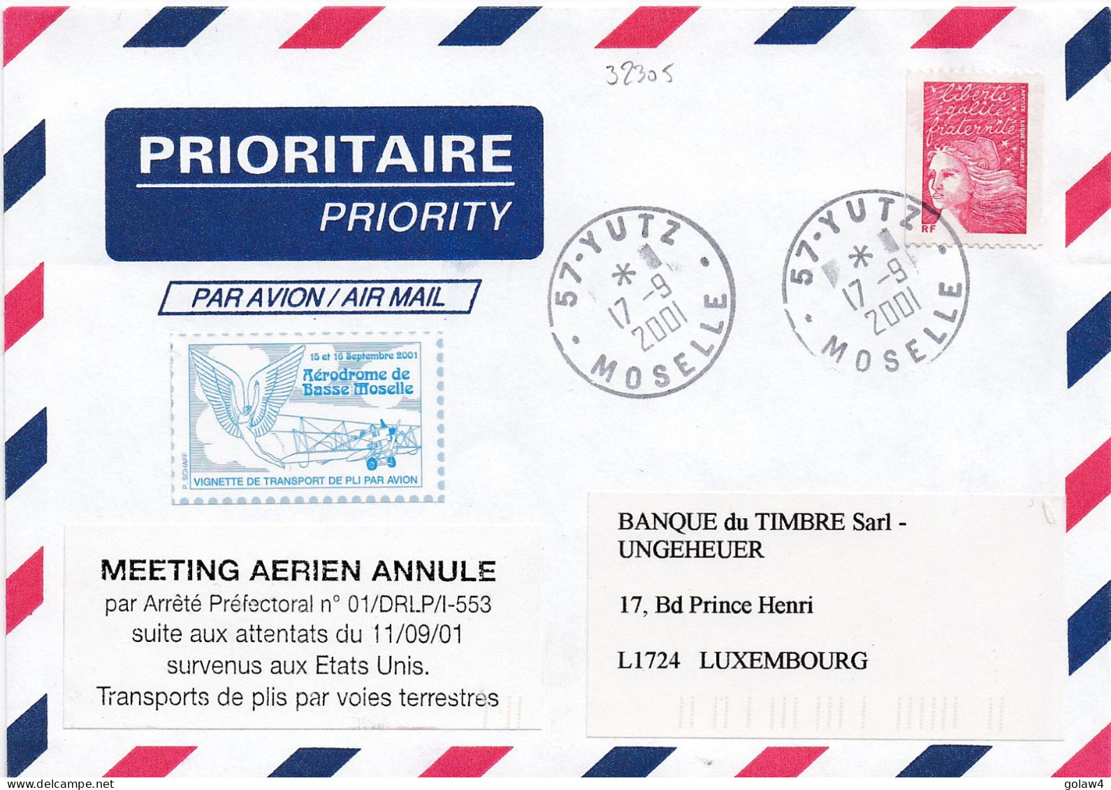 32305# MEETING AERIEN ANNULE ATTENTATS DU 11 SEPTEMBRE USA LUQUET LETTRE VIGNETTE AERODROME MOSELLE YUTZ 2001 LUXEMBOURG - Covers & Documents