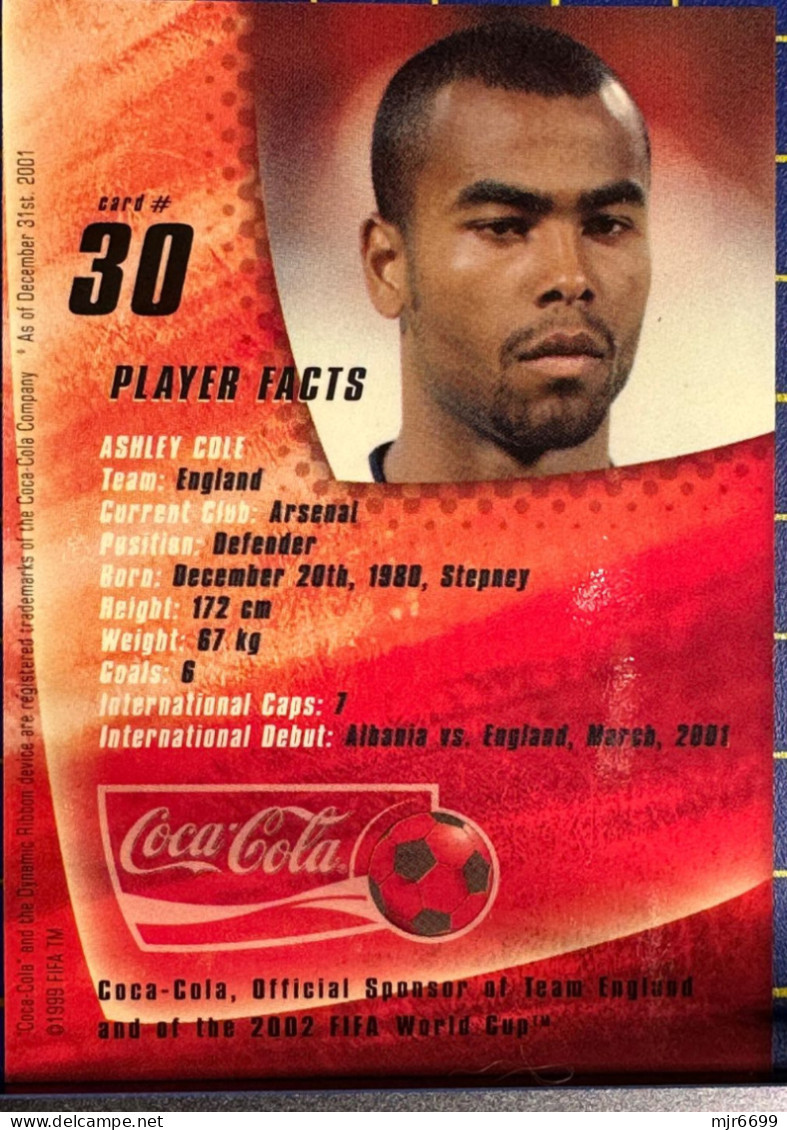 COCACOLA FIFA 2002 WOLRD CUP FOOTBALL CARDS - ASHLEY COLE, ALMOST PERFECT CONDITION. ORIGINAL - Autres & Non Classés